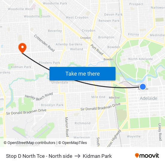 Stop D North Tce - North side to Kidman Park map