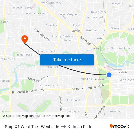 Stop X1 West Tce - West side to Kidman Park map