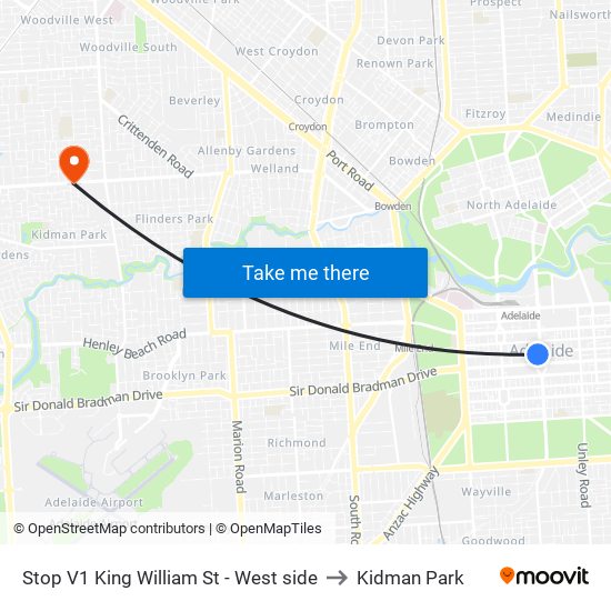 Stop V1 King William St - West side to Kidman Park map