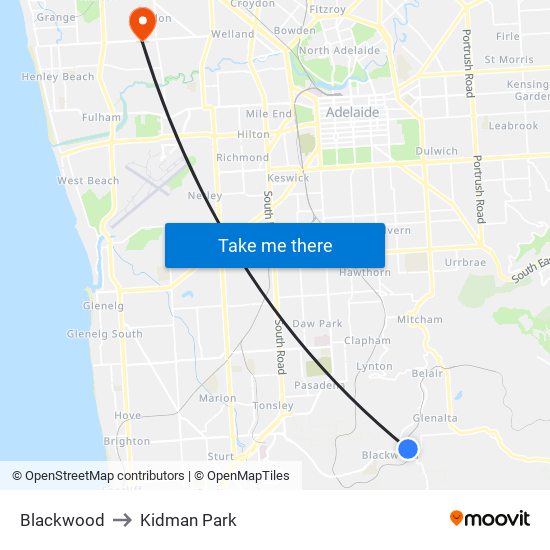 Blackwood to Kidman Park map