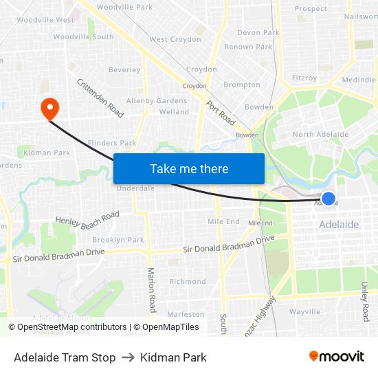 Adelaide Tram Stop to Kidman Park map