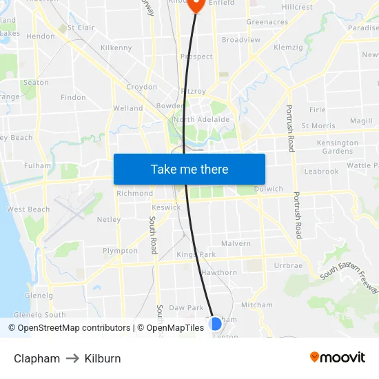 Clapham to Kilburn map