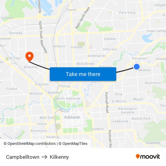 Campbelltown to Kilkenny map