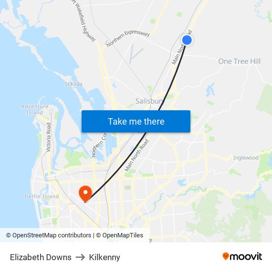 Elizabeth Downs to Kilkenny map