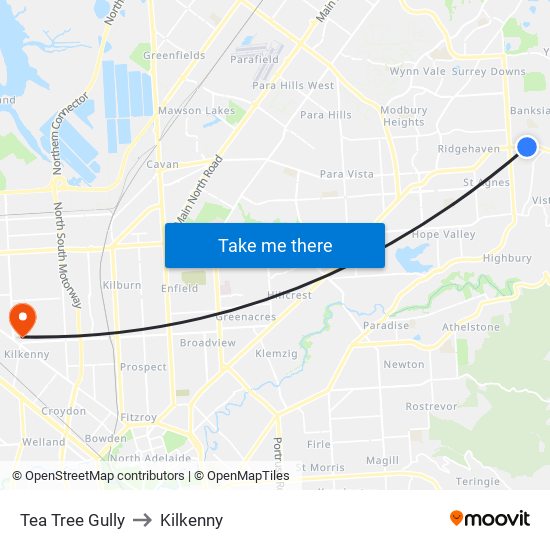 Tea Tree Gully to Kilkenny map