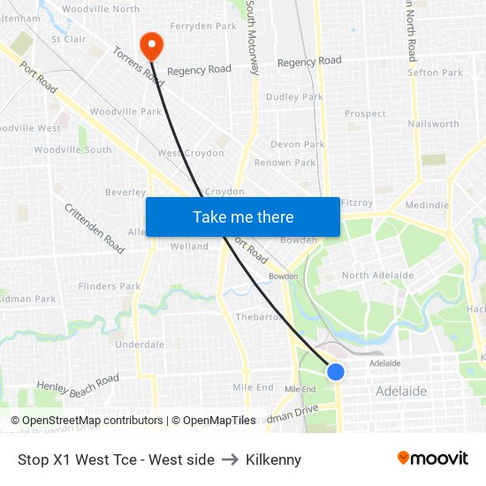 Stop X1 West Tce - West side to Kilkenny map