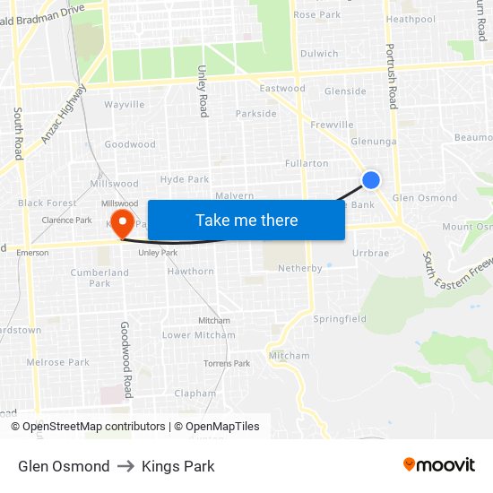 Glen Osmond to Kings Park map