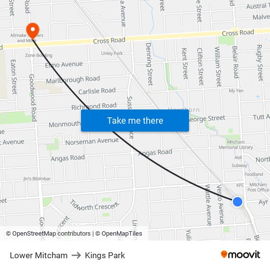 Lower Mitcham to Kings Park map