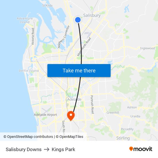 Salisbury Downs to Kings Park map