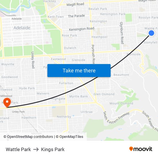 Wattle Park to Kings Park map