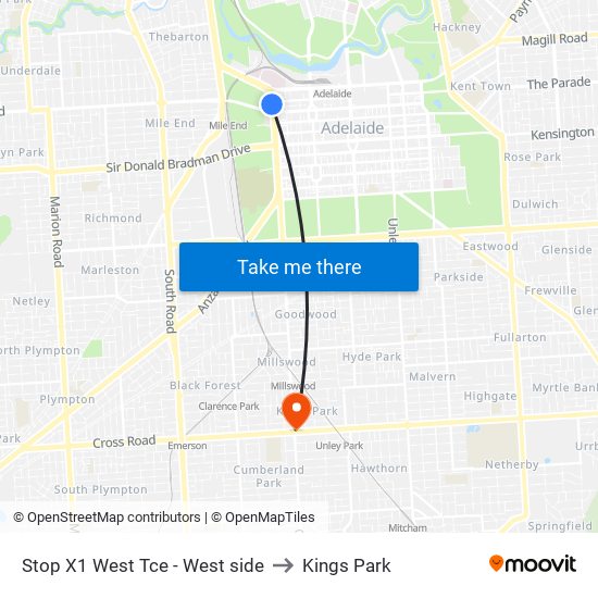 Stop X1 West Tce - West side to Kings Park map