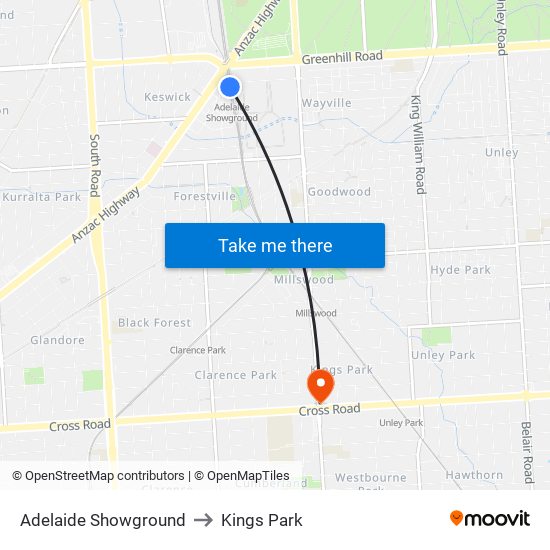 Adelaide Showground to Kings Park map