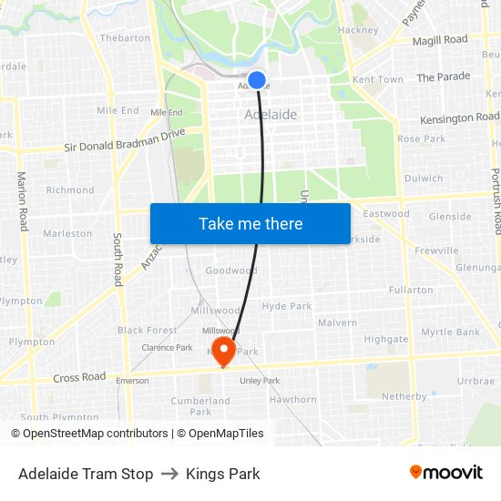 Adelaide Tram Stop to Kings Park map