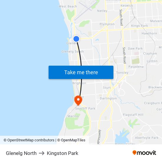 Glenelg North to Kingston Park map