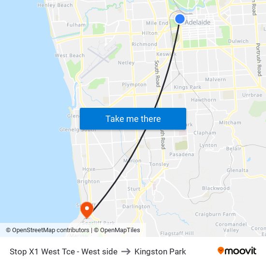 Stop X1 West Tce - West side to Kingston Park map