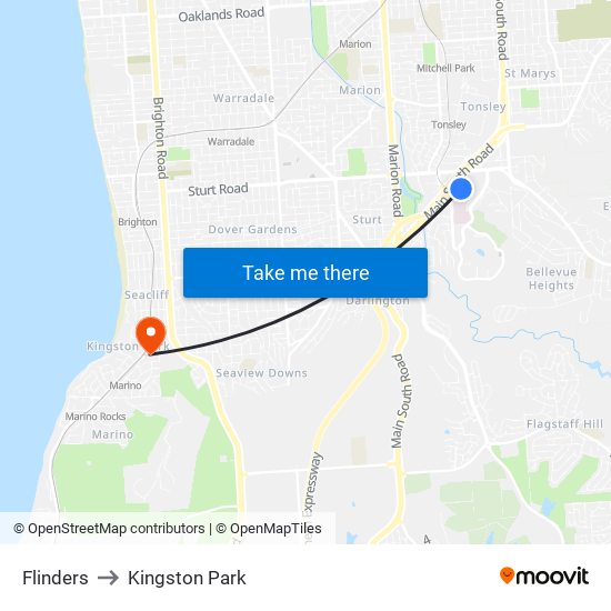 Flinders to Kingston Park map