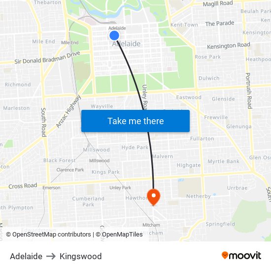 Adelaide to Kingswood map