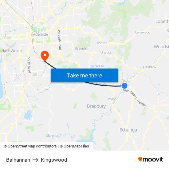 Balhannah to Kingswood map