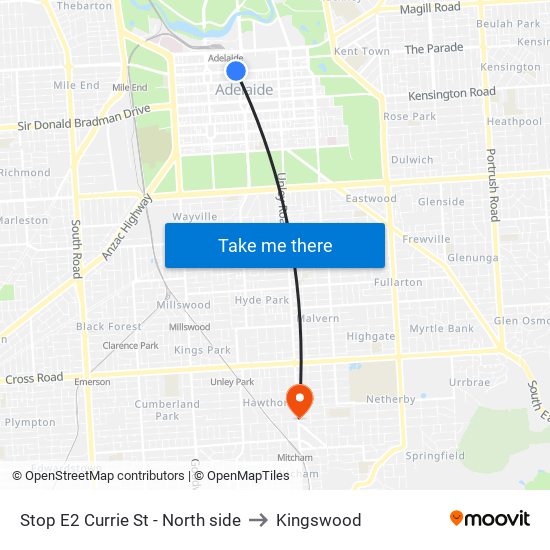 Stop E2 Currie St - North side to Kingswood map