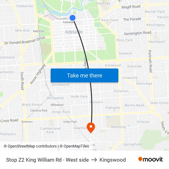 Stop Z2 King William Rd - West side to Kingswood map