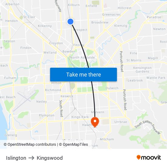 Islington to Kingswood map