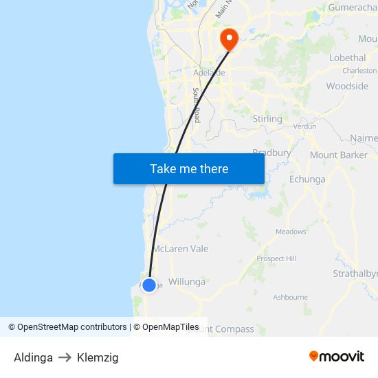 Aldinga to Klemzig map