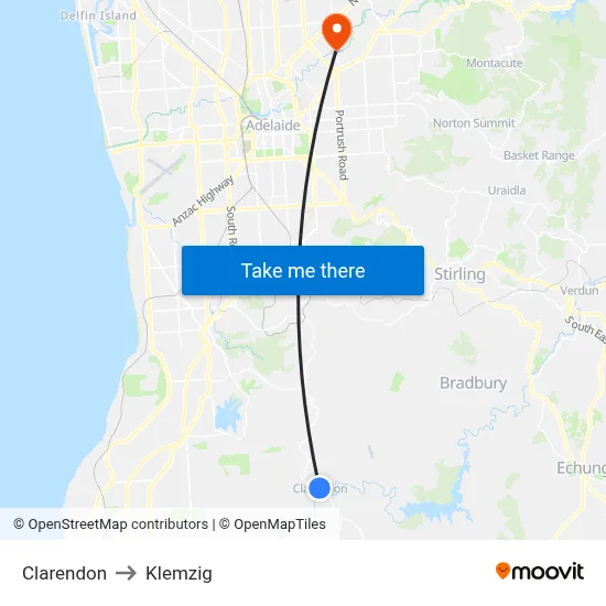Clarendon to Klemzig map