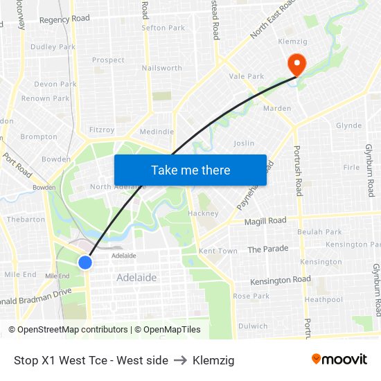 Stop X1 West Tce - West side to Klemzig map