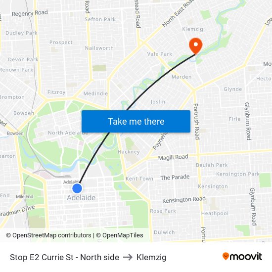 Stop E2 Currie St - North side to Klemzig map
