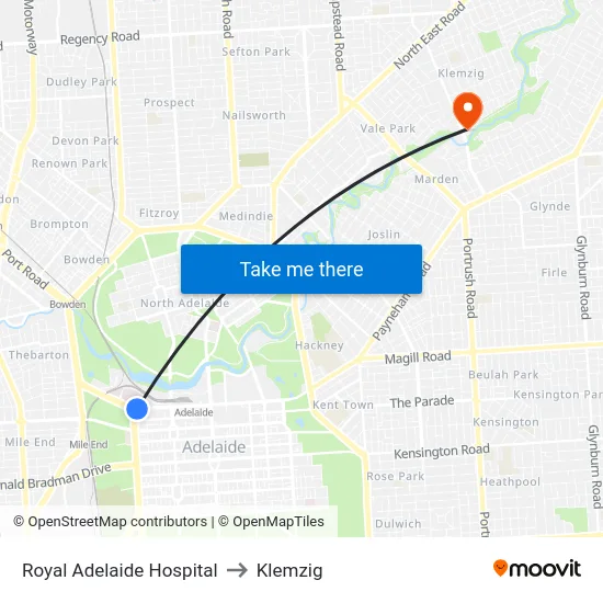 Royal Adelaide Hospital to Klemzig map