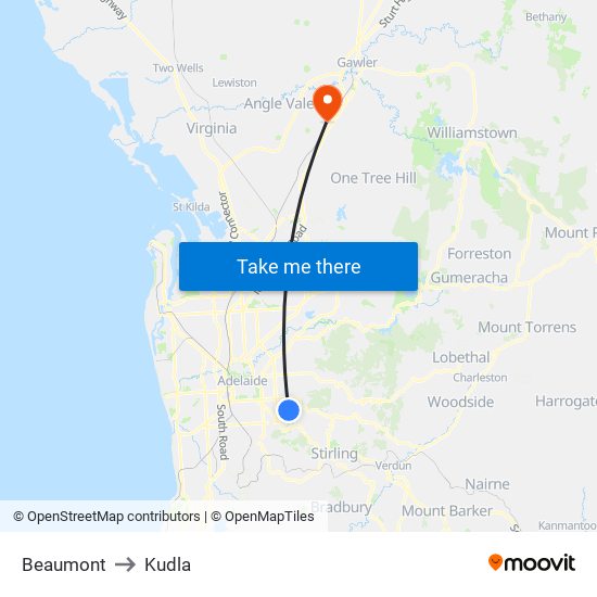 Beaumont to Kudla map