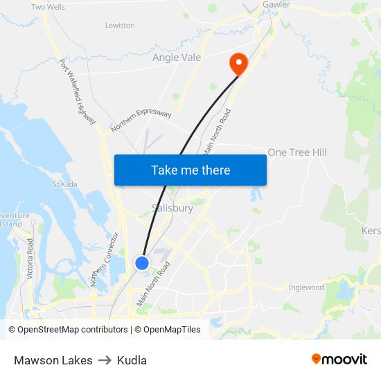 Mawson Lakes to Kudla map