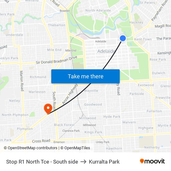 Stop R1 North Tce - South side to Kurralta Park map