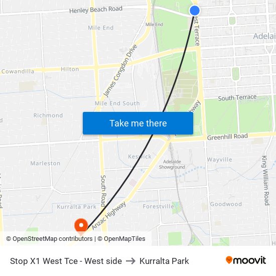Stop X1 West Tce - West side to Kurralta Park map