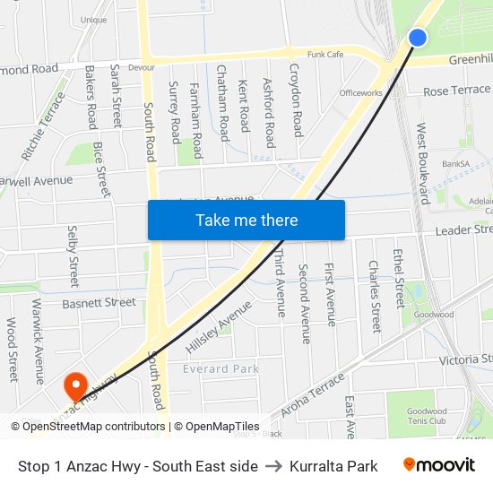 Stop 1 Anzac Hwy - South East side to Kurralta Park map