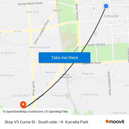 Stop V3 Currie St - South side to Kurralta Park map