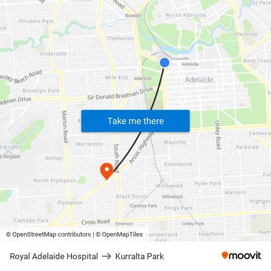 Royal Adelaide Hospital to Kurralta Park map