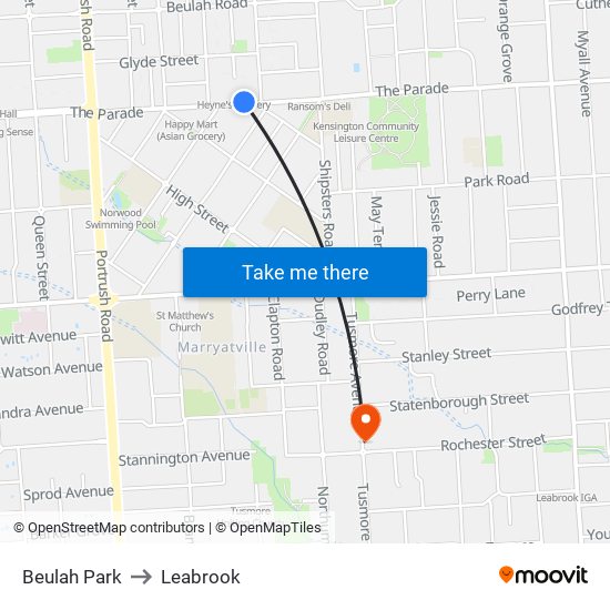 Beulah Park to Leabrook map