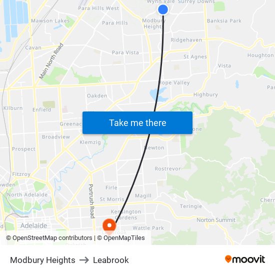 Modbury Heights to Leabrook map