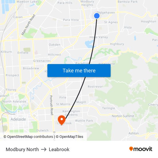 Modbury North to Leabrook map