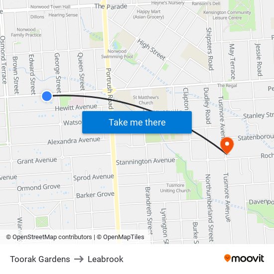 Toorak Gardens to Leabrook map