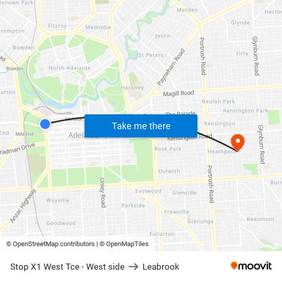 Stop X1 West Tce - West side to Leabrook map