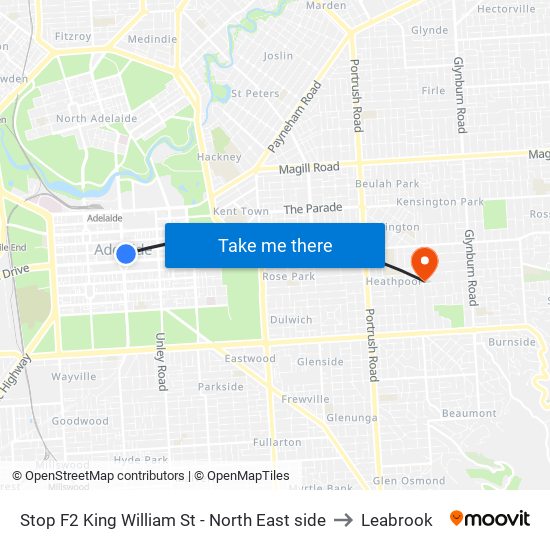Stop F2 King William St - North East side to Leabrook map