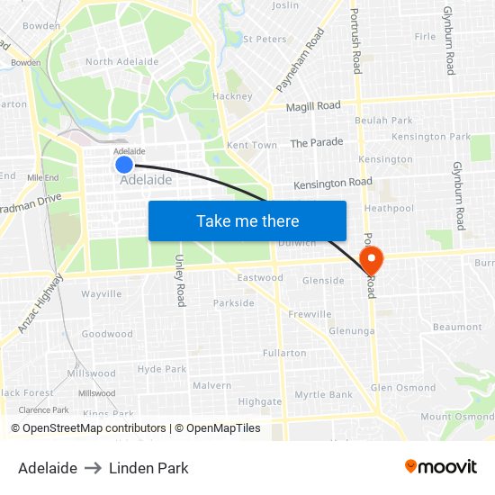 Adelaide to Linden Park map