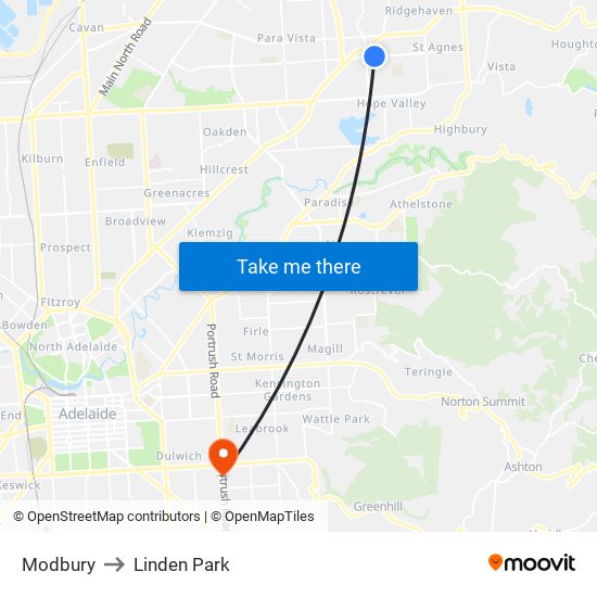 Modbury to Linden Park map