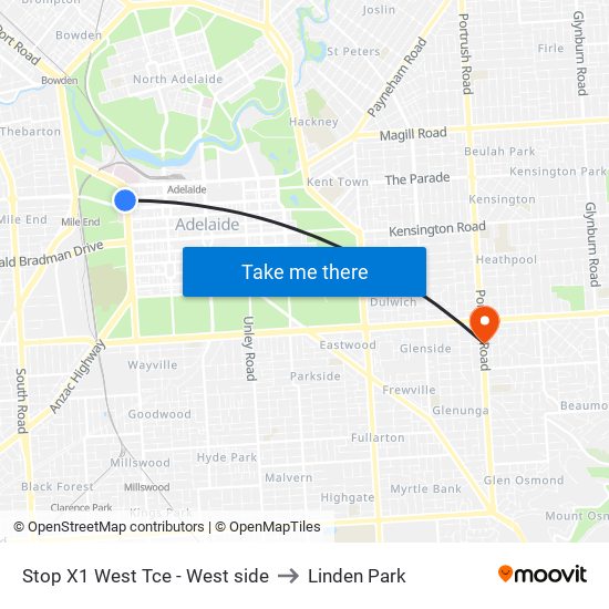 Stop X1 West Tce - West side to Linden Park map