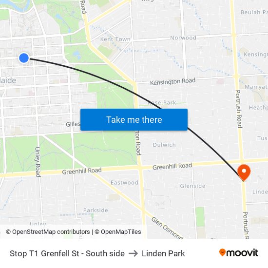 Stop T1 Grenfell St - South side to Linden Park map