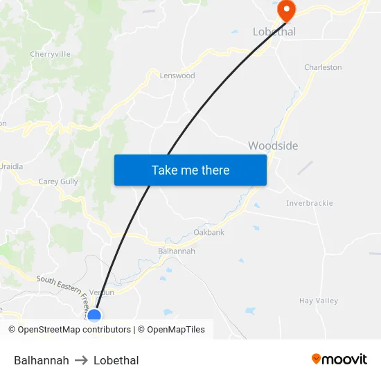 Balhannah to Lobethal map