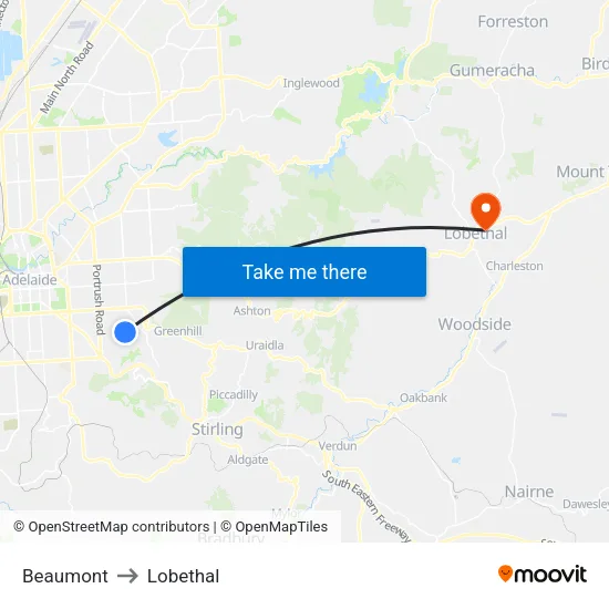 Beaumont to Lobethal map