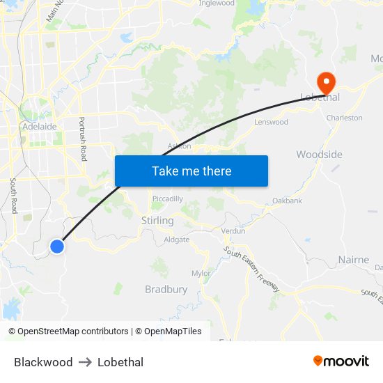 Blackwood to Lobethal map